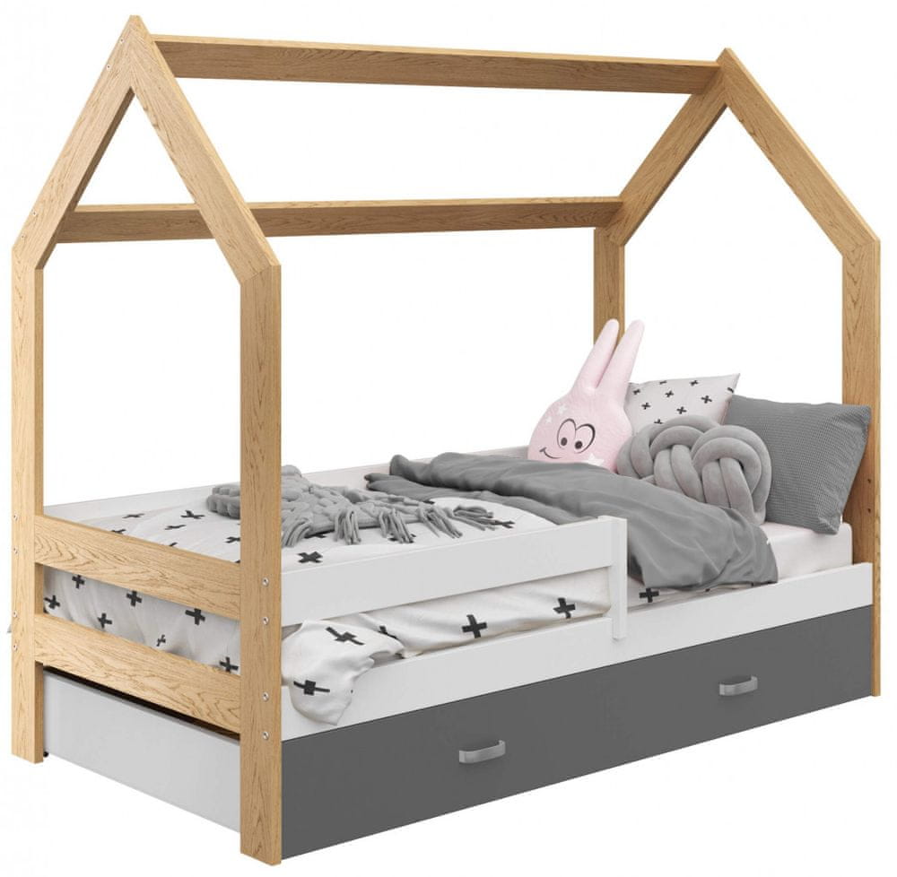 eoshop Detská posteľ Domček 80x160 cm D3, rošt ZADARMO - borovica, zábrana: biela, úlož. jednoducho: sivá, matracu: s matracom